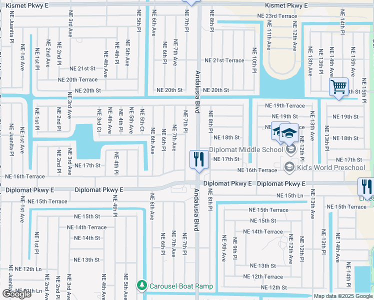 map of restaurants, bars, coffee shops, grocery stores, and more near 1712 Northeast 7th Place in Cape Coral