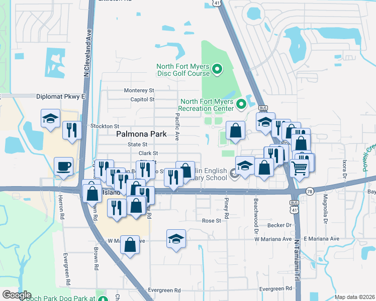 map of restaurants, bars, coffee shops, grocery stores, and more near 230 Clark Street in North Fort Myers
