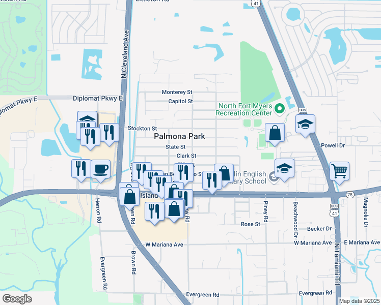map of restaurants, bars, coffee shops, grocery stores, and more near 3739 Clark Street in North Fort Myers