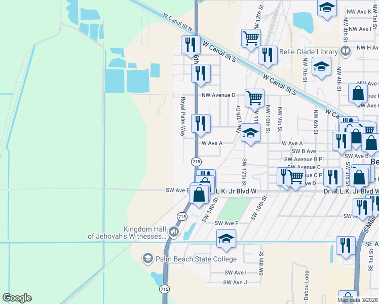 map of restaurants, bars, coffee shops, grocery stores, and more near 134 Southwest 16th Street in Belle Glade