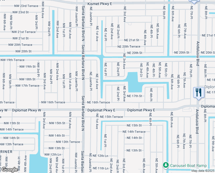 map of restaurants, bars, coffee shops, grocery stores, and more near 1719 Northeast 1st Place in Cape Coral