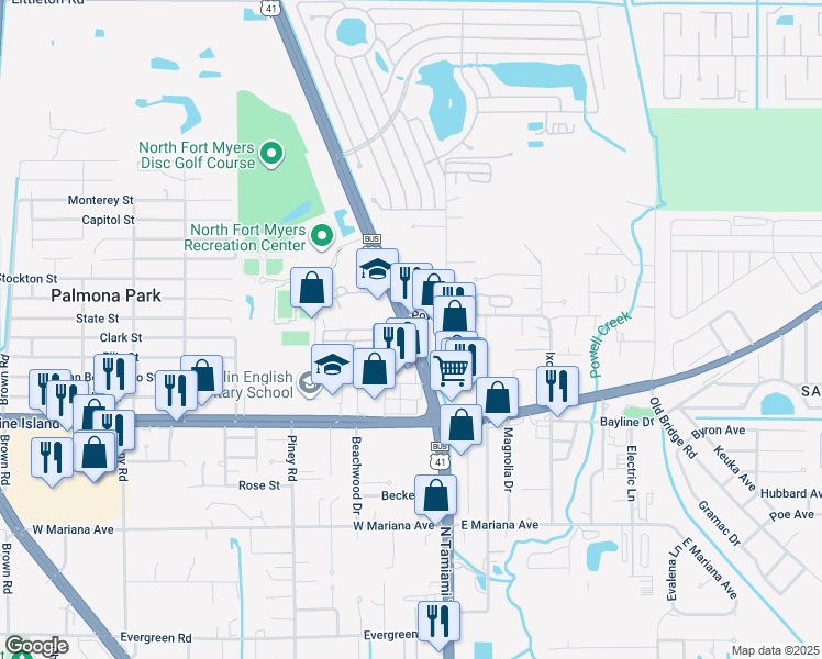 map of restaurants, bars, coffee shops, grocery stores, and more near in North Fort Myers