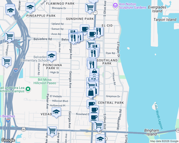 map of restaurants, bars, coffee shops, grocery stores, and more near 3111 South Dixie Highway in West Palm Beach