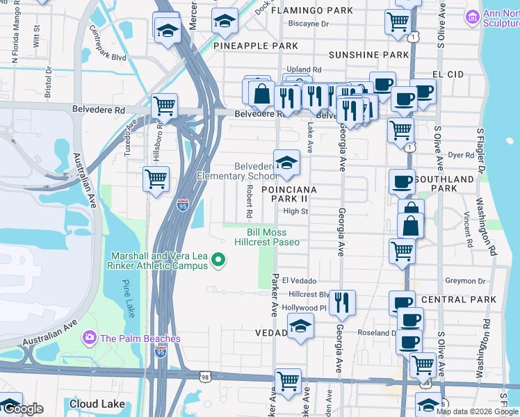 map of restaurants, bars, coffee shops, grocery stores, and more near 3104 Robert Road in West Palm Beach