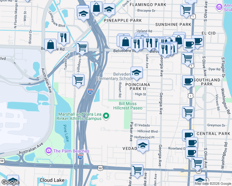 map of restaurants, bars, coffee shops, grocery stores, and more near 3104 Ridgeway Avenue in West Palm Beach
