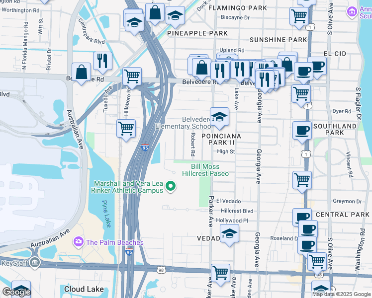 map of restaurants, bars, coffee shops, grocery stores, and more near 3104 Ridgeway Avenue in West Palm Beach