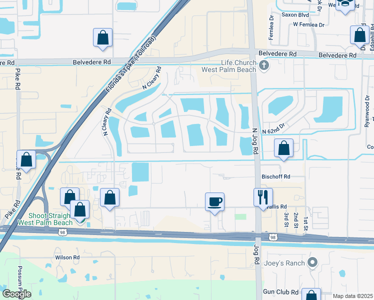 map of restaurants, bars, coffee shops, grocery stores, and more near 635 Cresta Circle in West Palm Beach
