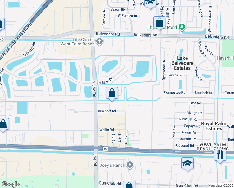 map of restaurants, bars, coffee shops, grocery stores, and more near 6634 Adriatic Way in Greenacres
