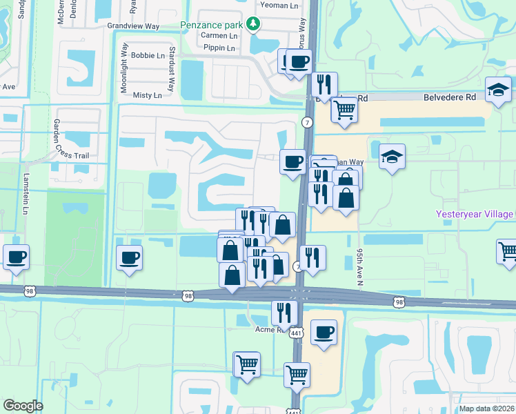 map of restaurants, bars, coffee shops, grocery stores, and more near 134 Bella Vista Way in Royal Palm Beach