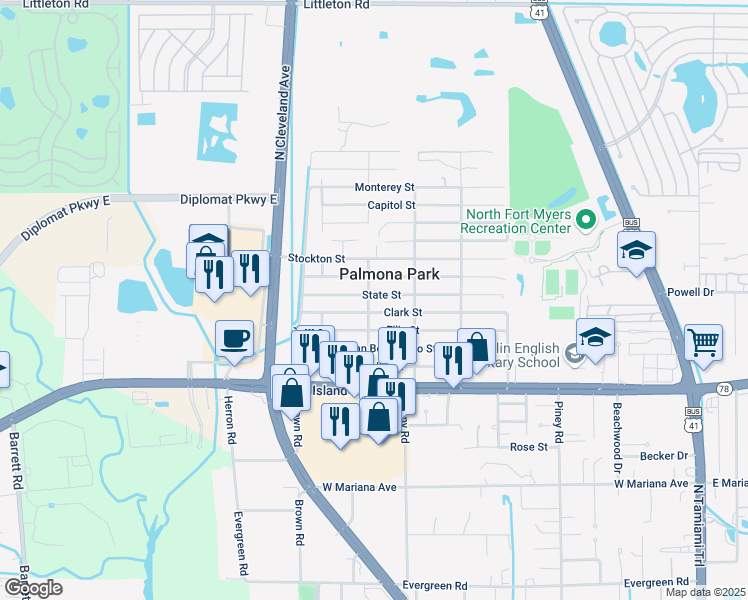 map of restaurants, bars, coffee shops, grocery stores, and more near 456 Clark Street in North Fort Myers
