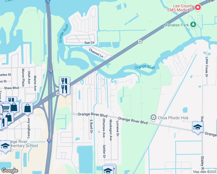map of restaurants, bars, coffee shops, grocery stores, and more near 1521 Sunkist Way in Fort Myers