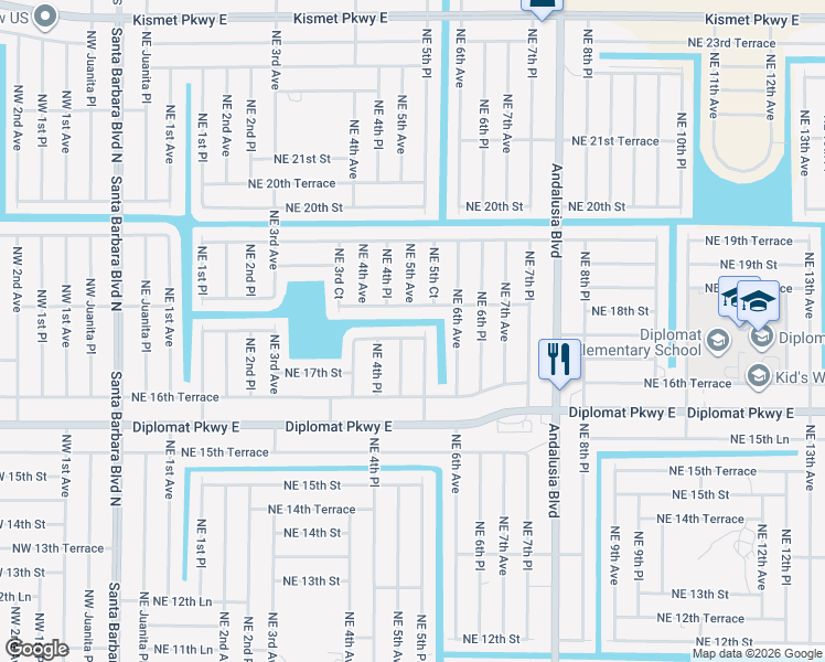 map of restaurants, bars, coffee shops, grocery stores, and more near 1717 Northeast 5th Avenue in Cape Coral