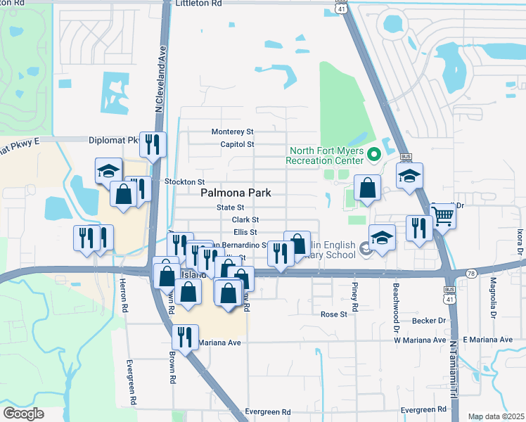 map of restaurants, bars, coffee shops, grocery stores, and more near 3739 Clark Street in North Fort Myers