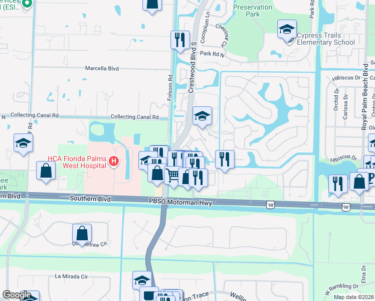 map of restaurants, bars, coffee shops, grocery stores, and more near 356 Crestwood Boulevard South in Royal Palm Beach