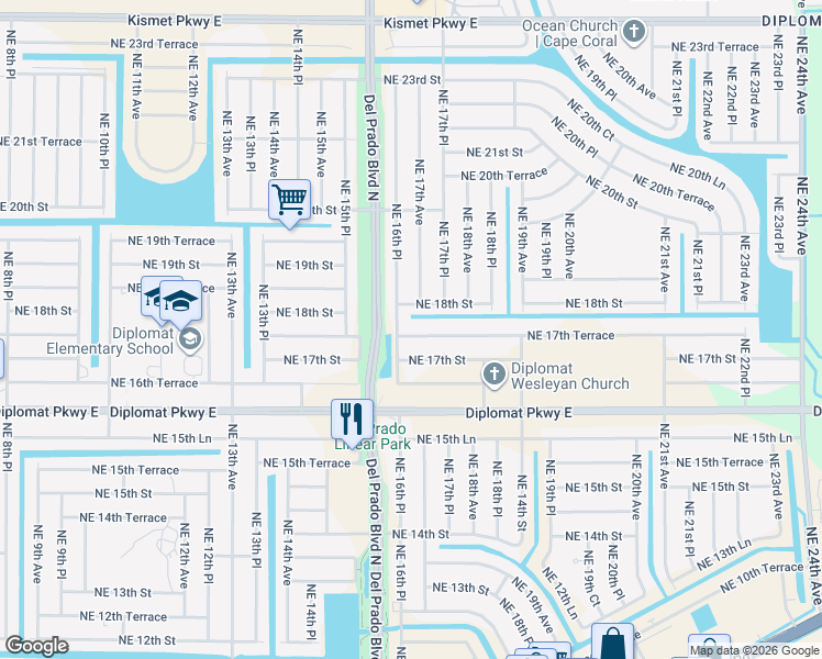 map of restaurants, bars, coffee shops, grocery stores, and more near 1616 Northeast 17th Terrace in Cape Coral