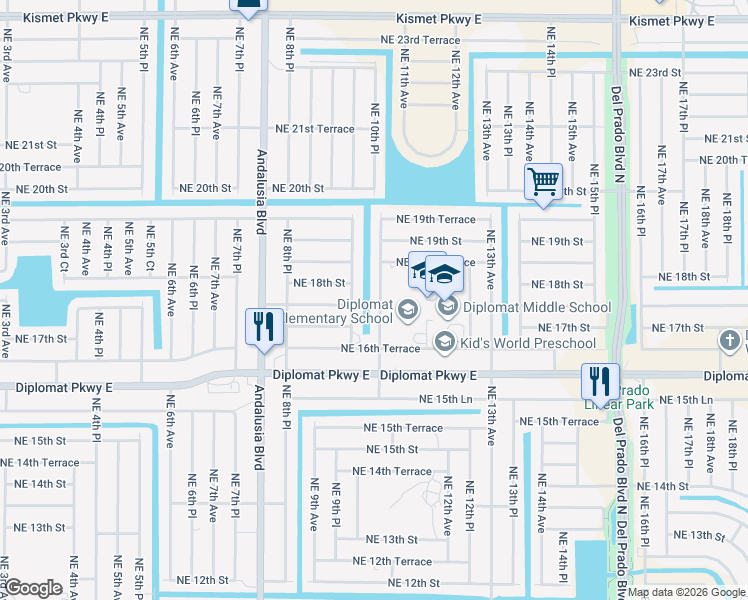 map of restaurants, bars, coffee shops, grocery stores, and more near 1710 Northeast 10th Place in Cape Coral