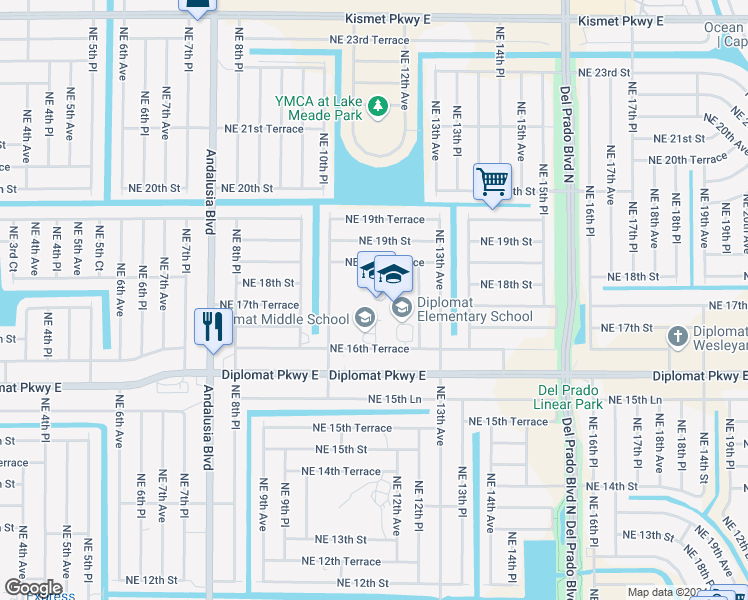 map of restaurants, bars, coffee shops, grocery stores, and more near 1039 Northeast 16th Terrace in Cape Coral