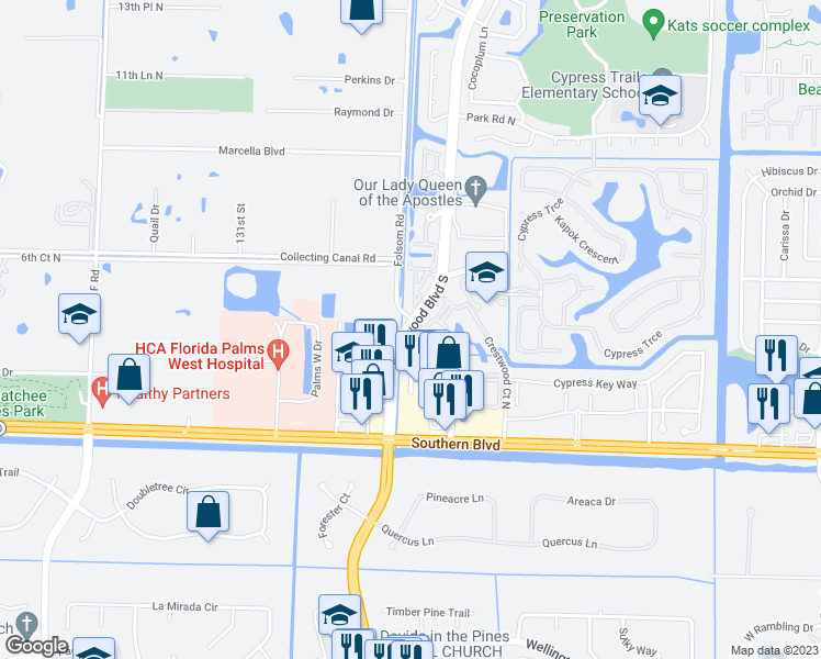 map of restaurants, bars, coffee shops, grocery stores, and more near 356 Crestwood Boulevard South in Royal Palm Beach