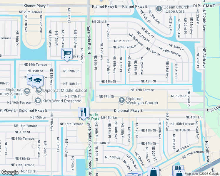 map of restaurants, bars, coffee shops, grocery stores, and more near 1710 Northeast 17th Terrace in Cape Coral