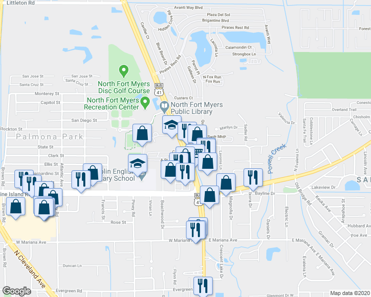 map of restaurants, bars, coffee shops, grocery stores, and more near 1890 N Tamiami Trail in North Fort Myers