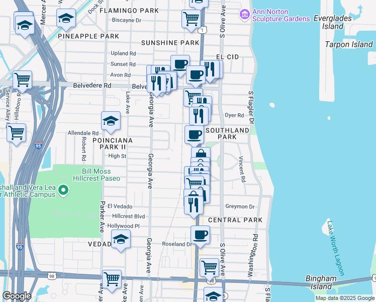 map of restaurants, bars, coffee shops, grocery stores, and more near 3111 South Dixie Highway in West Palm Beach