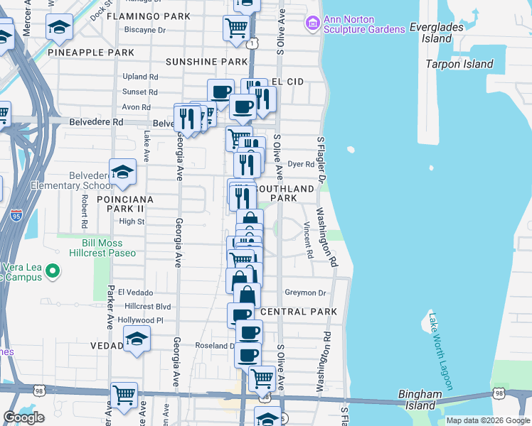 map of restaurants, bars, coffee shops, grocery stores, and more near 325 Albemarle Road in West Palm Beach