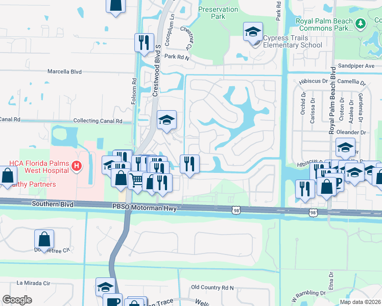 map of restaurants, bars, coffee shops, grocery stores, and more near 115 Silver Bell Cresent in Royal Palm Beach