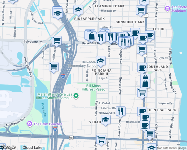 map of restaurants, bars, coffee shops, grocery stores, and more near 3104 Robert Road in West Palm Beach
