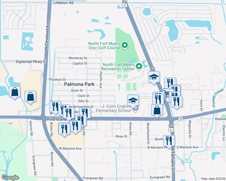 map of restaurants, bars, coffee shops, grocery stores, and more near 215 State Street in North Fort Myers
