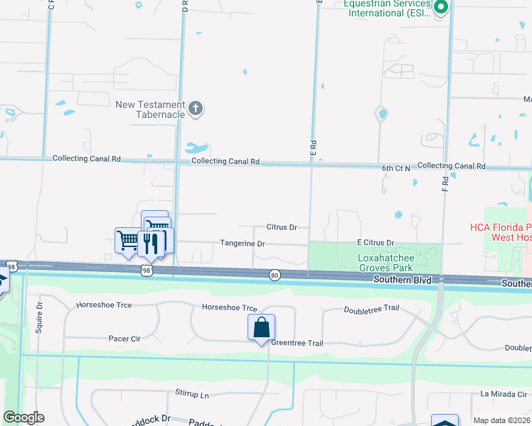 map of restaurants, bars, coffee shops, grocery stores, and more near 14180 Citrus Drive in Loxahatchee
