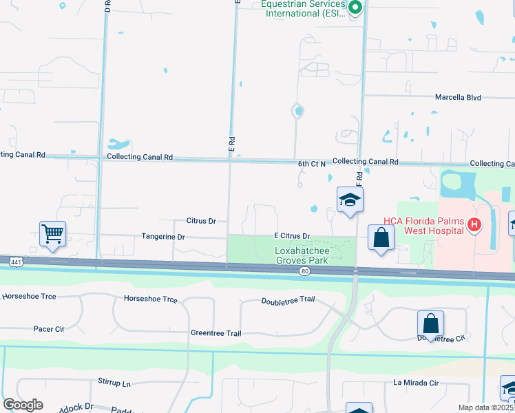 map of restaurants, bars, coffee shops, grocery stores, and more near 13899 East Citrus Drive in Loxahatchee