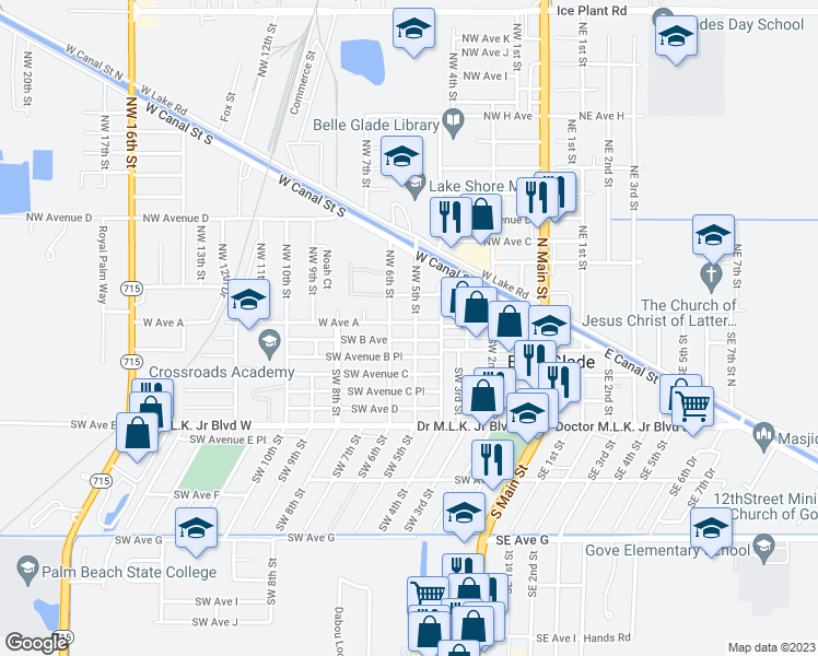 map of restaurants, bars, coffee shops, grocery stores, and more near 100 Southwest 5th Street in Belle Glade