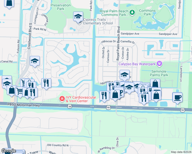 map of restaurants, bars, coffee shops, grocery stores, and more near 699 Hibiscus Drive in Royal Palm Beach