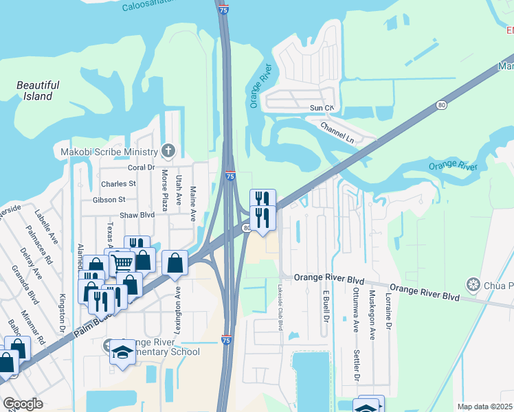map of restaurants, bars, coffee shops, grocery stores, and more near 197 Louise Street in Fort Myers