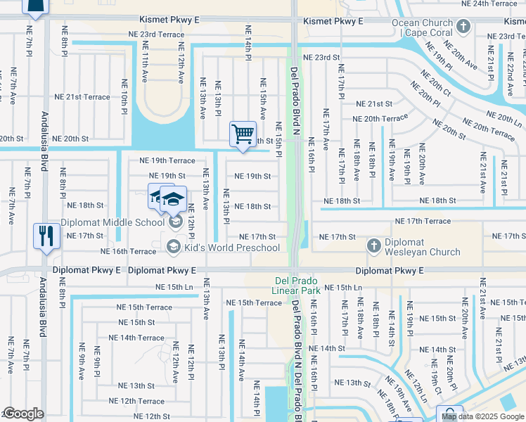 map of restaurants, bars, coffee shops, grocery stores, and more near 1422 Northeast 18th Street in Cape Coral