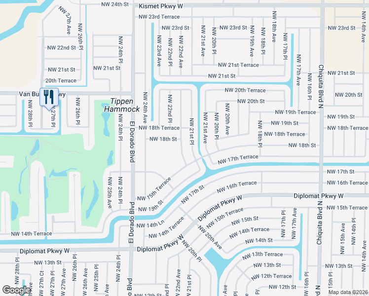 map of restaurants, bars, coffee shops, grocery stores, and more near 1519 Northwest 22nd Avenue in Cape Coral