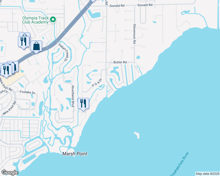map of restaurants, bars, coffee shops, grocery stores, and more near 7200 Coon Road in North Fort Myers