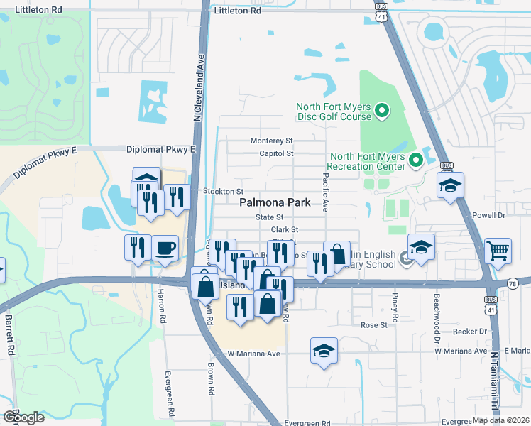 map of restaurants, bars, coffee shops, grocery stores, and more near in Palmona Park