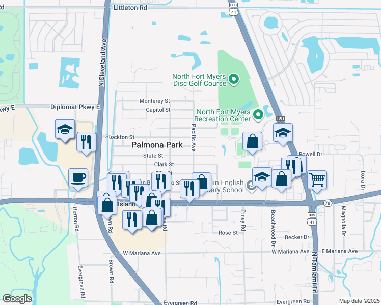 map of restaurants, bars, coffee shops, grocery stores, and more near 328 Sacramento Street in North Fort Myers