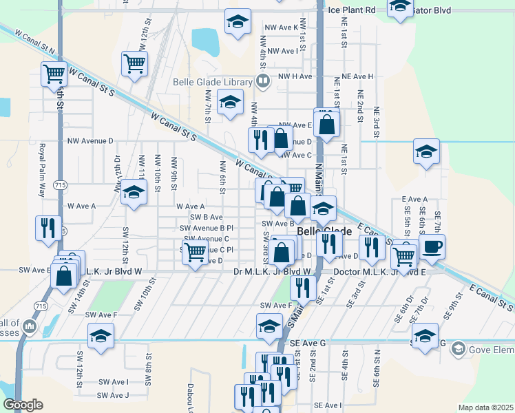 map of restaurants, bars, coffee shops, grocery stores, and more near 150 Northwest 3rd Street in Belle Glade