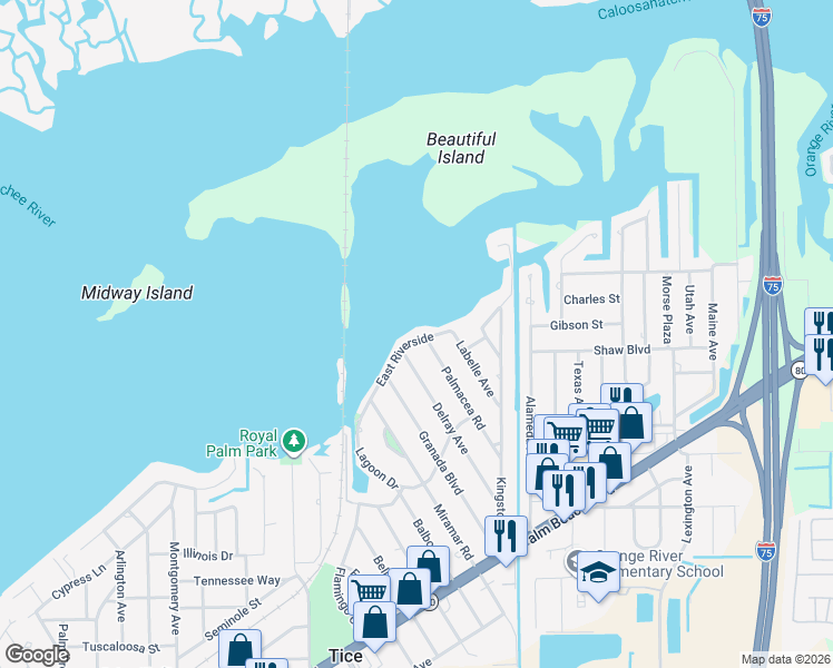 map of restaurants, bars, coffee shops, grocery stores, and more near 4835 East Riverside Drive in Fort Myers