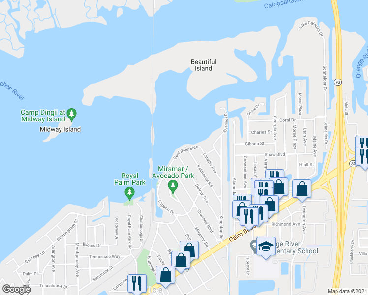 map of restaurants, bars, coffee shops, grocery stores, and more near 4835 East Riverside Drive in Fort Myers