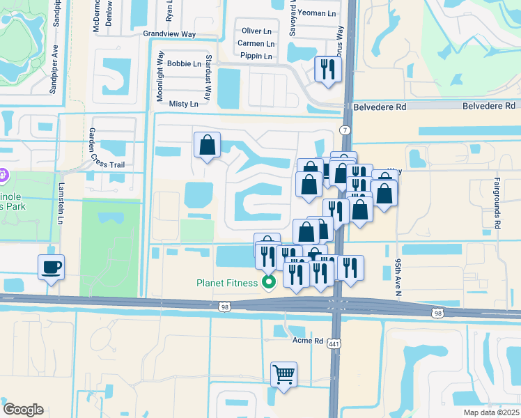 map of restaurants, bars, coffee shops, grocery stores, and more near 118 Isola Circle in Royal Palm Beach