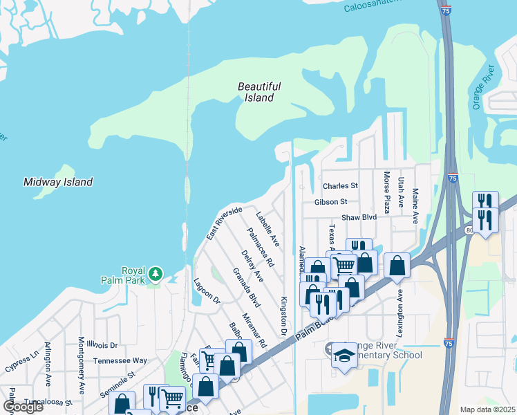 map of restaurants, bars, coffee shops, grocery stores, and more near 4859 East Riverside Drive in Fort Myers