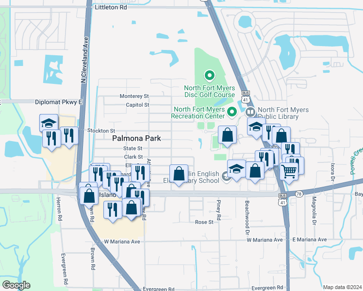 map of restaurants, bars, coffee shops, grocery stores, and more near 242 Sacramento Street in North Fort Myers