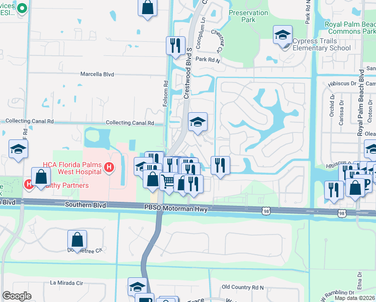 map of restaurants, bars, coffee shops, grocery stores, and more near 200 Crestwood Court North in Royal Palm Beach