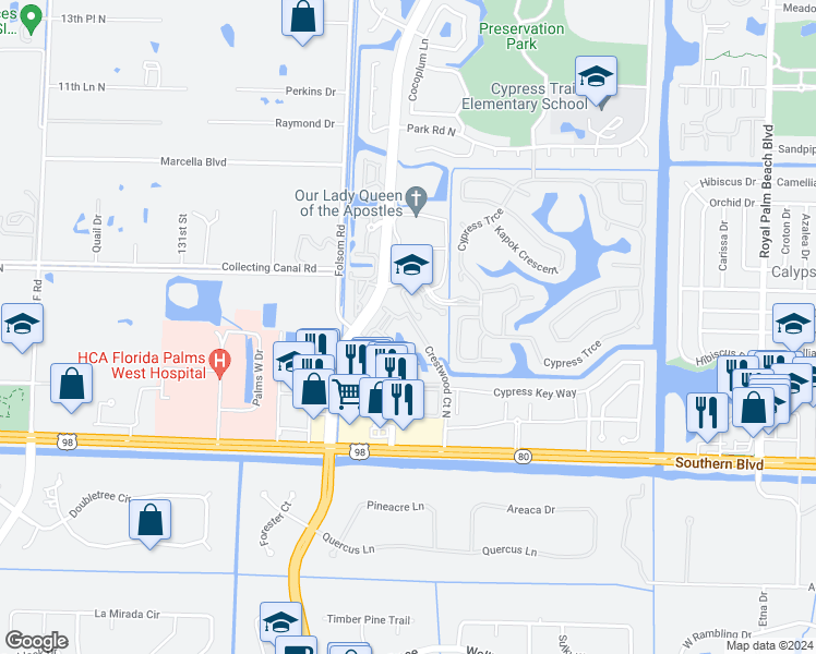 map of restaurants, bars, coffee shops, grocery stores, and more near 500 Crestwood Court North in West Palm Beach