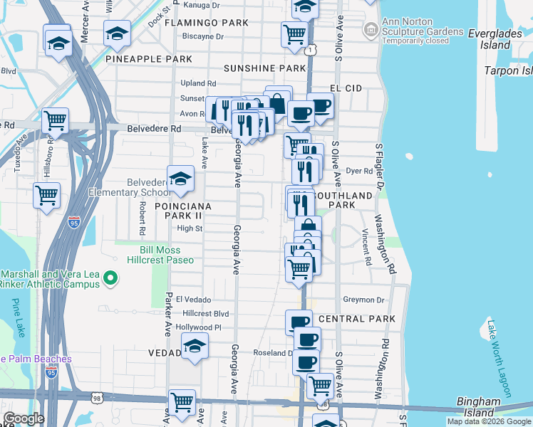 map of restaurants, bars, coffee shops, grocery stores, and more near 516 Monceaux Road in West Palm Beach