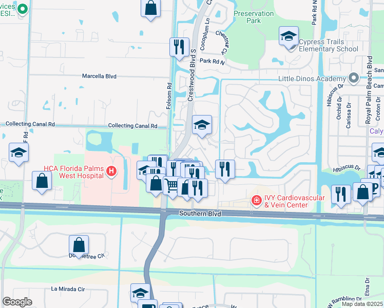 map of restaurants, bars, coffee shops, grocery stores, and more near 300 Crestwood Court North in Royal Palm Beach