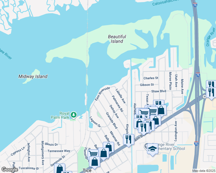map of restaurants, bars, coffee shops, grocery stores, and more near 4837 East Riverside Drive in Fort Myers